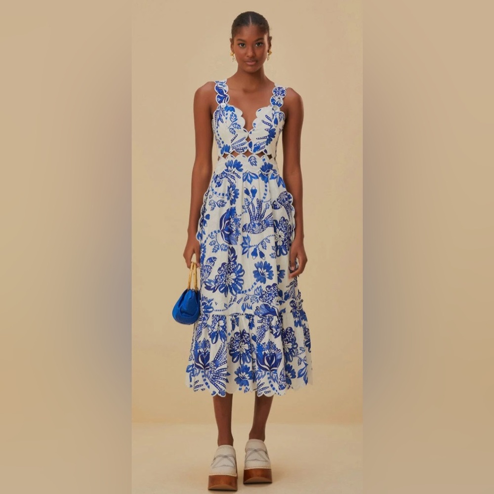 FARM Rio Blue and White Floral Midi Dress